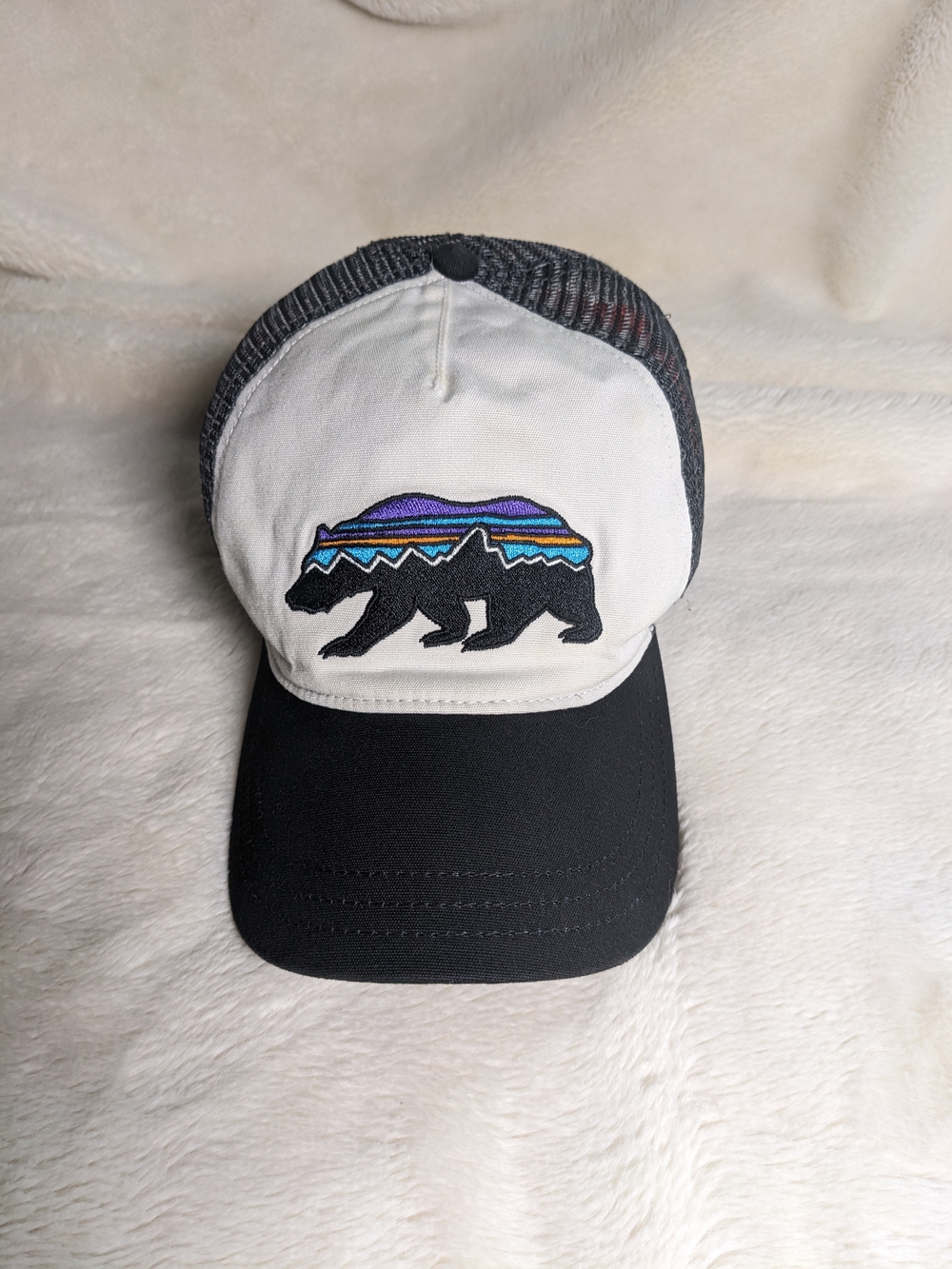 Patagonia Beige and Black Bear Patch Trucker Hat